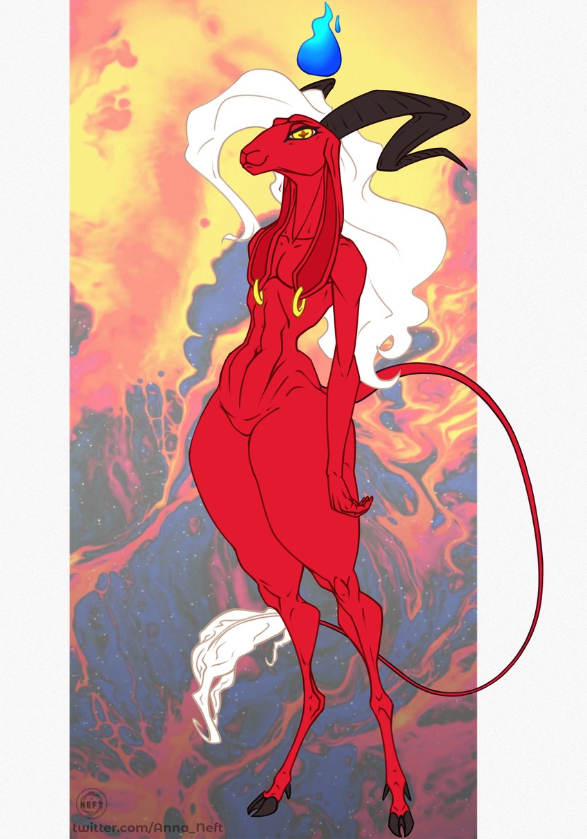 anthro female hair hooves horn red_body smile solo white_hair wide_hips jackneft fan_character bovid caprine caprine_demon demon demon_humanoid goat goat_demon humanoid mammal succubus absurd_res hi_res