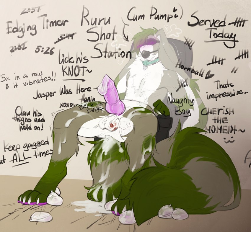 anthro arms_tied ball_gag big_ears big_tail blindfold blush bodily_fluids body_writing bound claw_marks collar collar_tag condom cum cum_everywhere cum_in_ass cum_inside cum_pooling edging erection filled_condom floppy_ears fluffy fluffy_chest fluffy_tail frilly frilly_collar fur gag genital_fluids genitals graffiti green_body heart_collar_tag heart_symbol heart_tag instruction instruction_on_wall kiss_mark_on_balls knot lop_ears male messy pawpads penis purple_pawpads purple_penis sexual_barrier_device shaking solo tail tally_marks text text_on_body trembling western_tally_marks writing_on_thigh writing_on_wall xoxo bishopi rurik_carpenter hybrid lagomorph leporid mammal procyonid rabbit raccoon 2023 absurd_res english_text hi_res