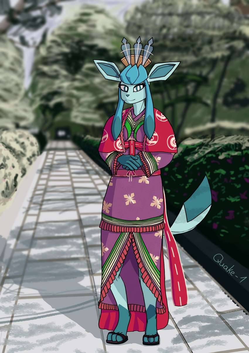 3_toes 4_fingers anthro asian_clothing blue_body blue_hair blurred_background branch breasts cape clothing east_asian_clothing feet female fingers flower footwear green_body green_ears green_eyes hair hands_in_front happy headgear headwear holowear_(pokemon) japanese_clothing kimono looking_at_viewer park plant raised_tail red_cape red_clothing sandals shoes shrub smile solo standing tail toes tree quake-1 nintendo pokemon pokemon_unite eeveelution generation_4_pokemon glaceon pokemon_(species) absurd_res hi_res