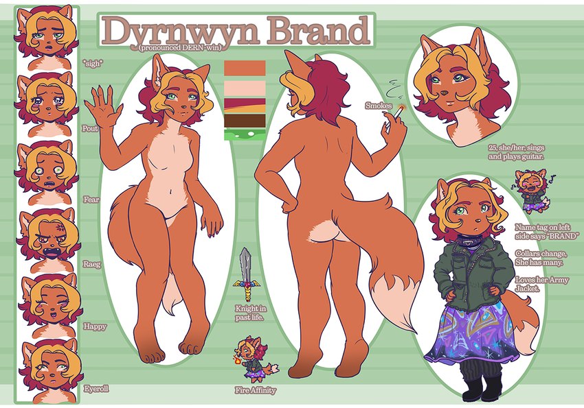 anthro blonde_hair burgundy_hair butt cigarette clothing dress female fur green_eyes hair holding_cigarette holding_object military_jacket orange_body orange_fur red_hair solo seasaidh dunnie_brand canid canine fox mammal digital_media_(artwork) letterbox model_sheet pixel_(artwork)