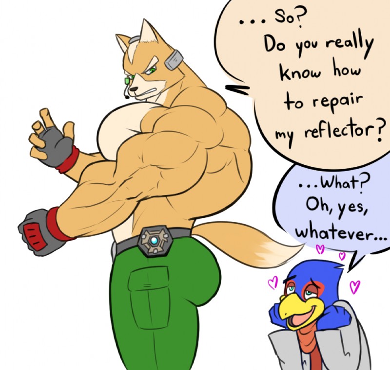 anthro biceps big_muscles butt clothed clothing duo heart_symbol huge_muscles hyper hyper_muscles male muscular pecs serratus simple_background text topless white_background guzreuef nintendo star_fox falco_lombardi fox_mccloud avian bird canid canine fox mammal english_text