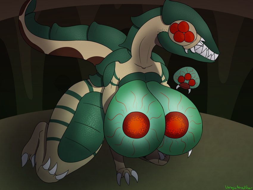 all_fours anthro big_breasts breasts cave claws female finger_claws huge_breasts multi_eye sharp_teeth solo tail teeth thick_thighs toe_claws unregistereduser metroid nintendo alien metroid_(species) metroid_queen 4:3 absurd_res artist_name hi_res shaded signature