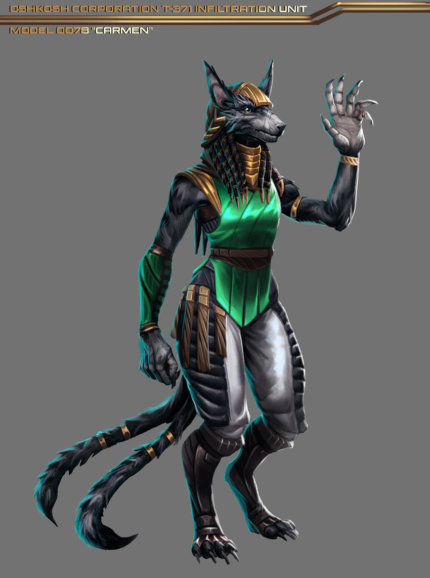 2_tails 6_fingers accessory ambiguous_gender anthro armband armor bottomwear clothing fingers fur furgonomics grey_background head_tails headgear helmet multi_tail neck_ring pants simple_background sleeveless_shirt solo standing tail tail_accessory tailband athavan oshkosh_corporation out_of_the_dark carmen_ghia alien canid canine canis mammal shongairi wolf absurd_res hi_res unfinished