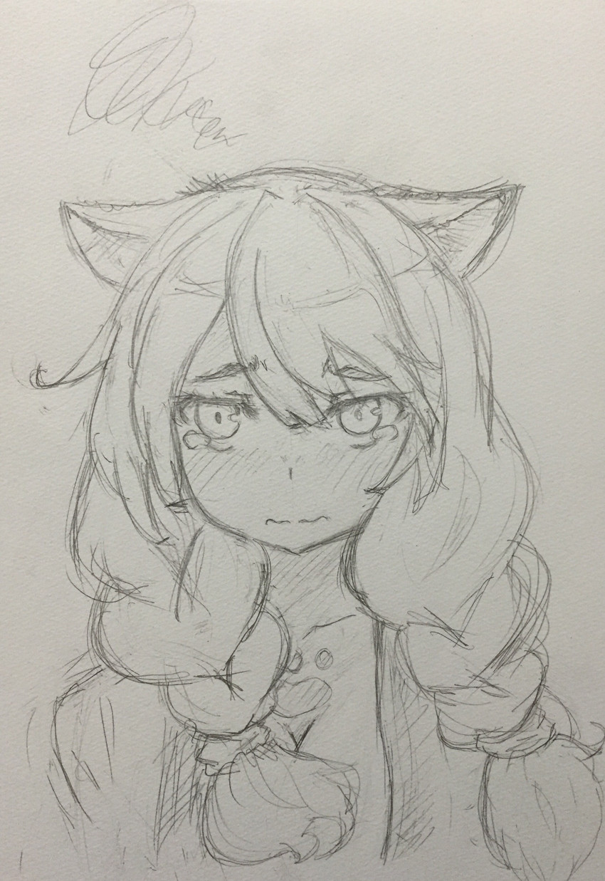 blush bodily_fluids female looking_at_viewer solo tears unoryoku animal_humanoid cat_humanoid felid felid_humanoid feline feline_humanoid humanoid mammal mammal_humanoid 2015 absurd_res hi_res sketch