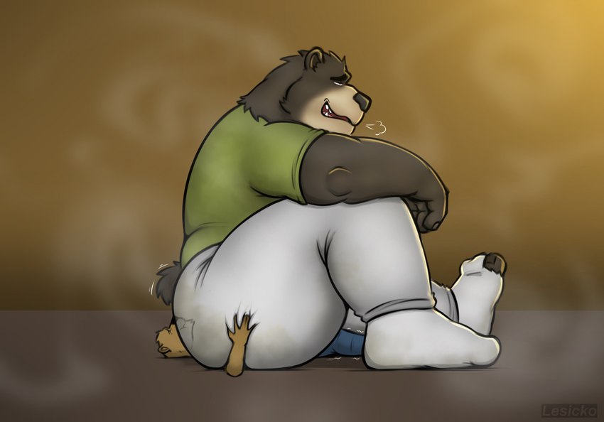 anthro big_butt big_dom_small_sub bodily_fluids butt butt_crush clothed clothing crush dominant duo facesitting footwear holding_butt huge_butt lying male male/male musk musk_clouds musky_butt musky_feet on_back sitting_on_another size_difference slightly_chubby slightly_chubby_anthro slightly_chubby_male socks sweat sweaty_bottomwear sweaty_butt sweaty_clothing sweaty_pants thick_thighs lesicko bear mammal absurd_res hi_res