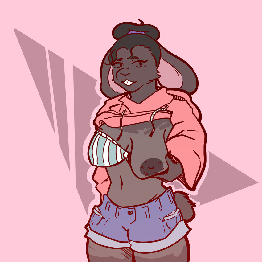 anthro areola big_areola big_breasts bra breasts clothed clothing clothing_lift female hoodie markings mole_(marking) nipples one_breast_out sagging_breasts shirt shirt_lift simple_background solo topwear underwear empskit marlena_(empskit) lagomorph leporid mammal rabbit 1:1 hi_res