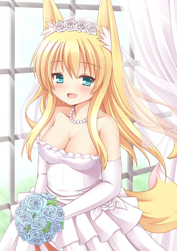 armwear bare_shoulders blonde_hair blue_eyes blush bouquet breasts cleavage clothed clothing dress elbow_gloves female flower gloves hair handwear jewelry long_hair necklace plant solo tail wedding_dress window yuu_(yu0221f) animal_humanoid canid canid_humanoid canine canine_humanoid fox fox_humanoid humanoid mammal mammal_humanoid hi_res