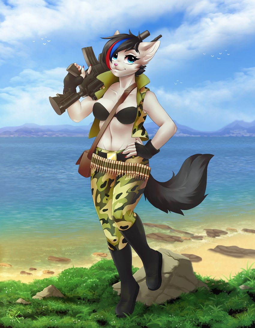 ambient_silhouette ammo_belt ammunition anthro ar_platform assault_rifle beach blue_eyes boots bottomwear breasts clothing cloud day detailed_background female footwear fur gloves grass grenade_launcher grey_body grey_fur group gun hand_on_hip handwear holding_object holding_weapon m203 m4 navel outside pants plant ranged_weapon rifle sand seaside shoes silhouette smile solo_focus standing water weapon dannyckoo ladnelsiya chikachi ambient_bird ambient_flier avian bird domestic_cat felid feline felis mammal 2018 hi_res