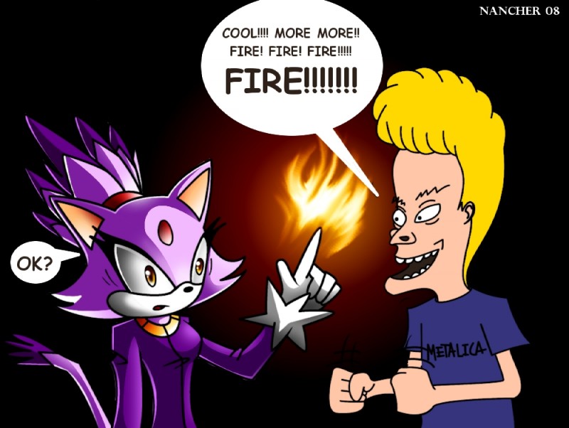 anthro black_background black_eyes blonde_hair blue_clothing blue_shirt blue_topwear clothing dialogue duo elemental_manipulation female fire fire_manipulation fist fur gloves hair handwear male open_mouth purple_body purple_clothing purple_fur purple_hair purple_topwear pyromania shirt simple_background speech_bubble standing tail text text_on_clothing text_on_shirt text_on_topwear topwear white_body white_clothing white_fur white_gloves white_handwear yellow_eyes nancher beavis_and_butt-head metallica sega sonic_the_hedgehog_(series) beavis blaze_the_cat domestic_cat felid feline felis human mammal 2008 comic_sans crossover english_text