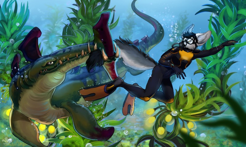 ambiguous_gender anthro bioluminescence bioluminescent_plants biped bite biting_another black_body black_fur black_tail blue_body blue_ears blue_fur blue_scales body_part_in_mouth bubble clothed clothing cosplay costume dark_pupils detailed_background diving_mask diving_suit duo feral fur giant_kelp glowing glowing_plants green_body green_scales green_tail grey_body grey_ears grey_fur grey_tail inner_ear_fluff iris kelp long_tail male male/ambiguous mask mismatched_ears multi_tone_tail multicolored_body multicolored_fur multicolored_scales multicolored_tail peril plant predator/prey pupils pupils_only scales scuba_diving scuba_fins scuba_gear sharp_teeth slit_pupils swimming_fins tail tail_bite tail_fetish tail_in_mouth tail_play tan_body tan_scales tan_teeth teeth tuft underwater water white_body white_ears white_fur white_tail yellow_eyes hvost subnautica unknown_worlds_entertainment elwood_shamrock protagonist_(subnautica) alien canid canine fennec_fox fish fox mammal marine shark stalker_(subnautica) true_fox 5:3 absurd_res hi_res