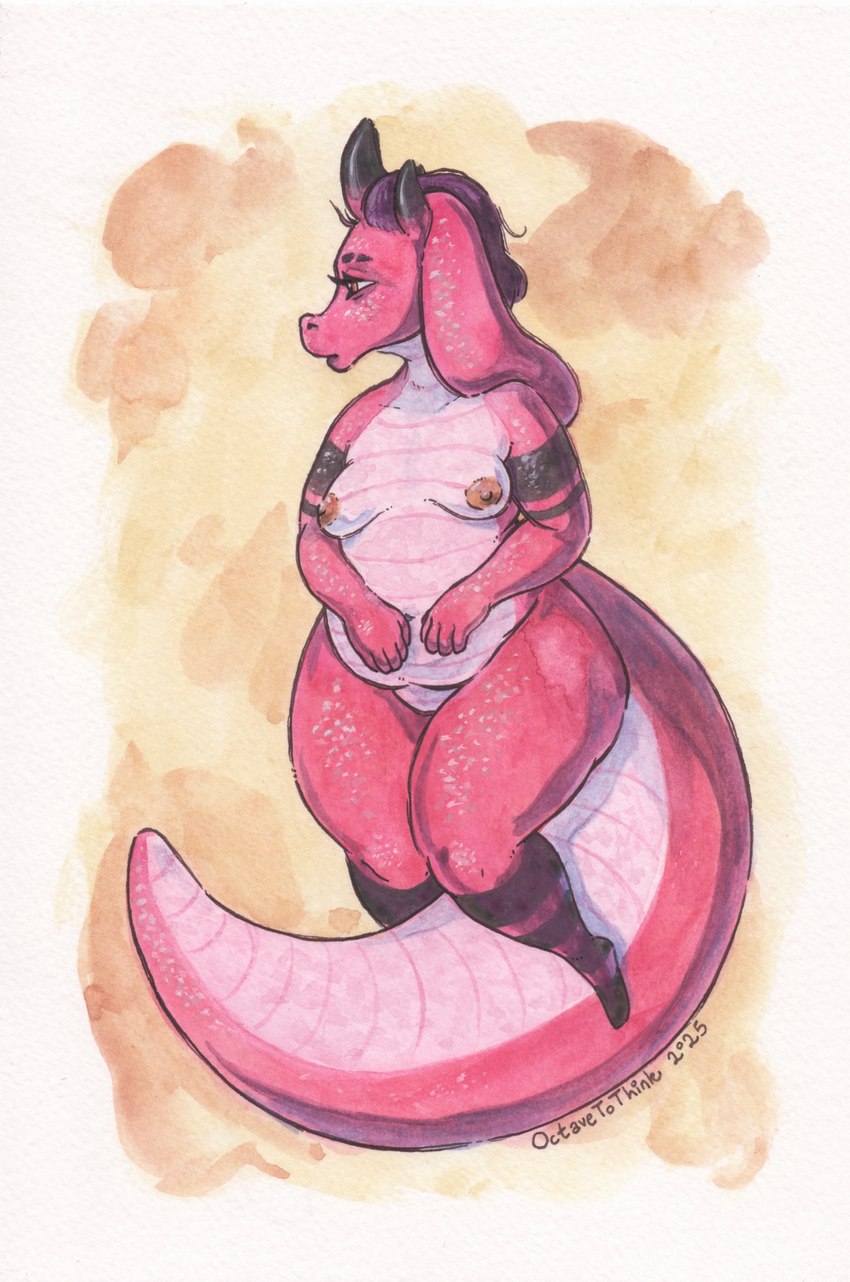 4_horns anthro belly breasts eyebrow_slit eyebrows female floating floppy_ears gold_nipples hair horn long_ears markings multi_horn navel nipples non-mammal_breasts non-mammal_navel non-mammal_nipples nude overweight overweight_anthro overweight_female pink_body purple_hair scales small_breasts solo striped_body striped_markings stripes thick_thighs ventral_scales conditional_dnp octavetothink mythology luzia_(octavetothink) dragon mythological_creature mythological_scalie scalie 2025 absurd_res gouache_(artwork) hi_res painting_(artwork) traditional_media_(artwork) traditional_painting_(artwork) traditional_watercolor_(artwork) watercolor_(artwork)