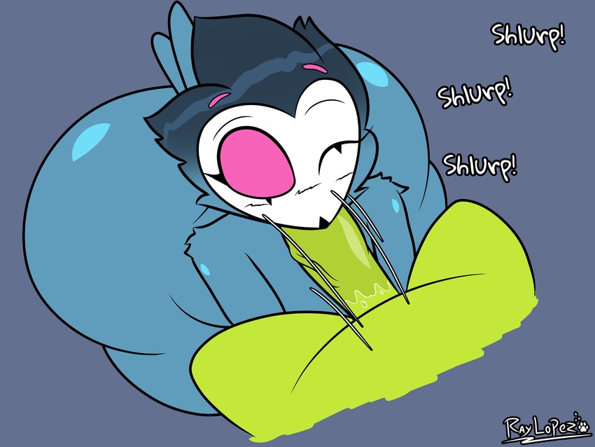 anthro anthro_on_anthro aroused big_butt blue_body blue_feathers blue_hair blush blush_lines butt eyelashes feathers fellatio femboy genitals green_body green_skin hair high-angle_view huge_butt kneeling kneeling_oral_position looking_at_another looking_at_partner looking_up male male/male onomatopoeia oral penile penis penis_in_mouth pink_eyes sex simple_background sound_effects tail tail_feathers text thick_thighs raylopez helluva_boss fan_character stolas_(helluva_boss) animal_humanoid avian avian_humanoid bird humanoid owl owl_demon 2025 4:3 absurd_res digital_drawing_(artwork) digital_media_(artwork) hi_res