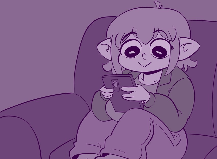 :> big_breasts breasts electronics eyelashes female furniture hair holding_object holding_phone humanoid_pointy_ears looking_at_object looking_at_phone not_furry phone pointy_ears short_hair sitting sofa solo 20pesos_sopa lei_(20pesos_sopa) goblin humanoid hi_res