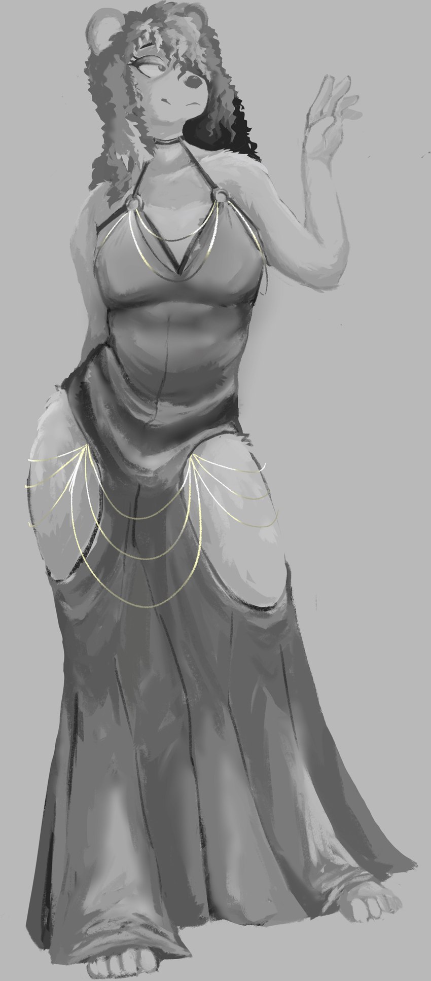 5_fingers anthro barefoot breasts clothing dress feet female fingers grey_background hair looking_aside simple_background solo standing law_(artist) hollow_hip_backless_chain_dress samantha_(cinnamimi) bear mammal 2024 absurd_res digital_media_(artwork) hi_res