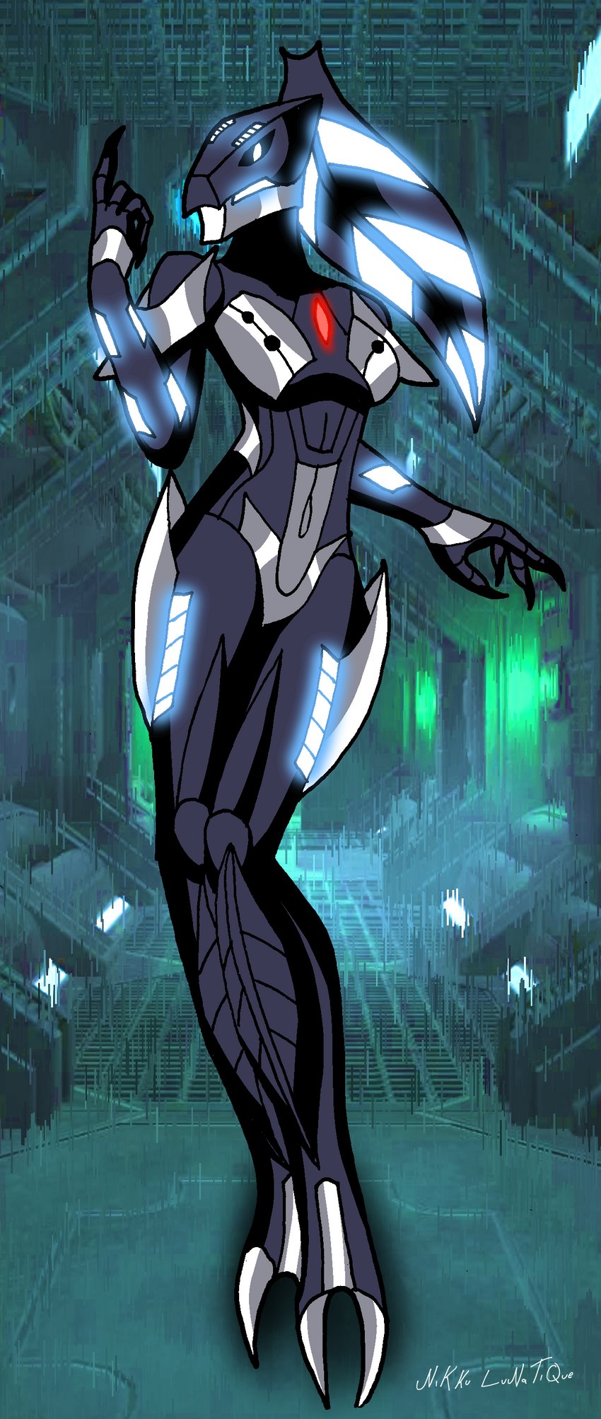 anthro black_body black_hair blue_eyes claws female glowing glowing_eyes glowing_markings hair looking_at_viewer machine markings not_furry ponytail silver_body solo standing nikku_lunatique roodaka robot vortixx absurd_res hi_res