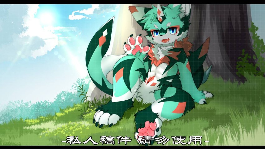 4_fingers 4_toes anthro biped blue_eyes blue_sky blush blush_lines bodily_fluids chest_tuft claws cloud cloudy_sky day fangs feet fingers fish_tail fur gesture grass grass_field green_body green_fur hindpaw horn kemono leaning leaning_backward leaning_on_tree light light_beam looking_at_viewer male markings multicolored_body multicolored_fur neck_tuft on_grass open_mouth open_smile orange_markings outside pawpads paws plant sitting sitting_on_grass sky smile smiling_at_viewer solo sun sunbeam sunlight sweat tail teeth text toe_claws toes tree tuft waving waving_at_viewer white_body white_clouds white_fur hlg7777 lai_ka fish furred_fish marine 2022 chinese_text digital_drawing_(artwork) digital_media_(artwork) shaded wallpaper