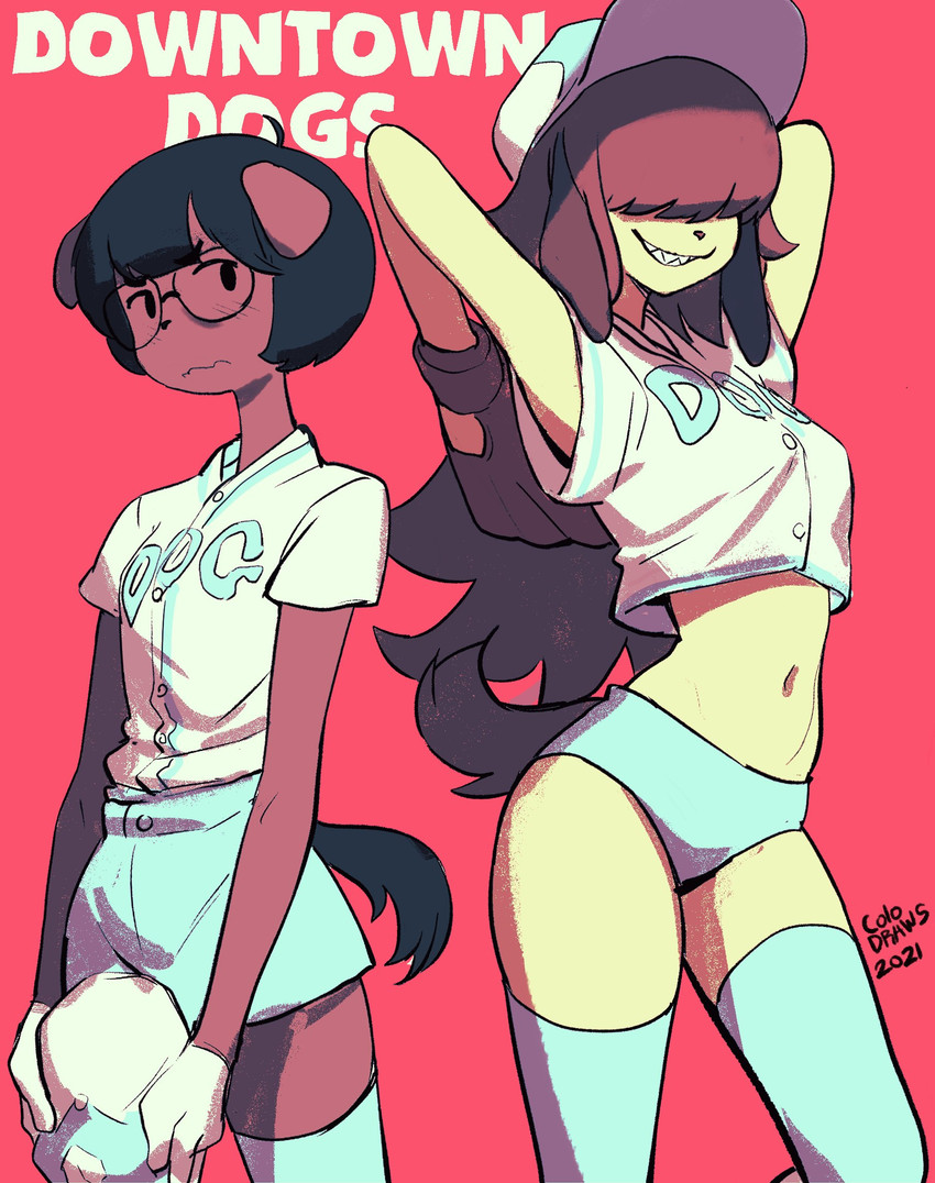 anthro baseball_cap baseball_uniform bottomwear clothing duo eyewear female glasses hair hair_over_eyes hat headgear headwear hotpants legwear midriff one_eye_obstructed red_background shirt shorts simple_background sportswear text text_on_clothing text_on_shirt text_on_topwear thigh_highs topwear uniform colo cool_s sam_kensington yoon_soo-mi canid canine canis domestic_dog mammal 2021 english_text hi_res