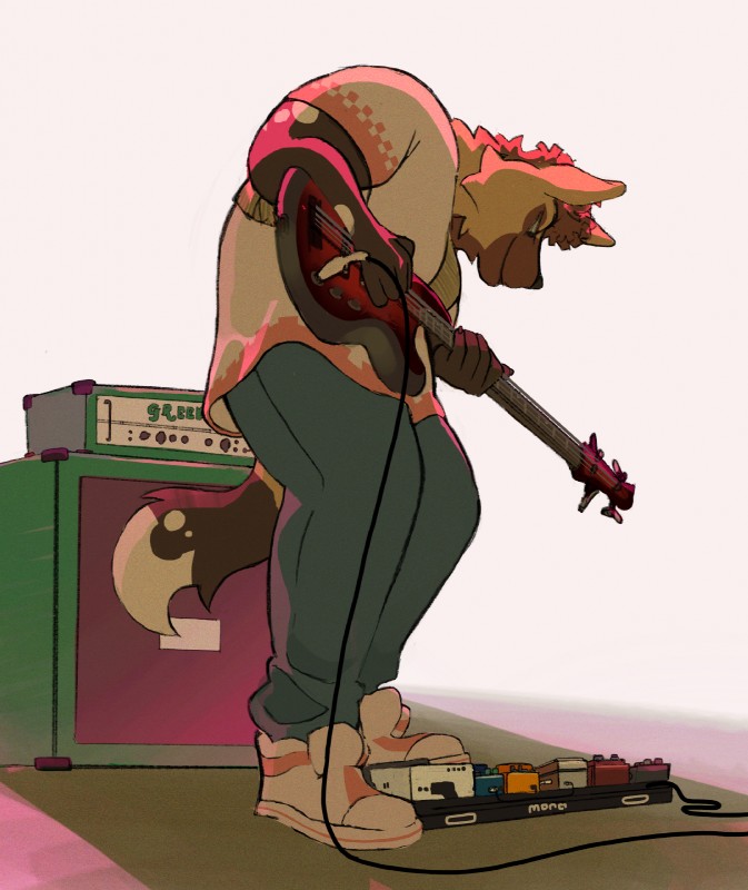 amp amplifier anthro bass_guitar biped black_nose bottomwear brown_body brown_fur clothed clothing cords fashion footwear frohawk fur grin guitar hair male multicolored_body multicolored_fur muscular muscular_anthro muscular_male musical_instrument pants pedals playing_bass playing_music plucked_string_instrument rocking_out shadow shoes simple_background smile sneakers solo string_instrument topwear rumaama green_matamp matamp darius_davis african_wild_dog canid canine mammal digital_media_(artwork) hi_res