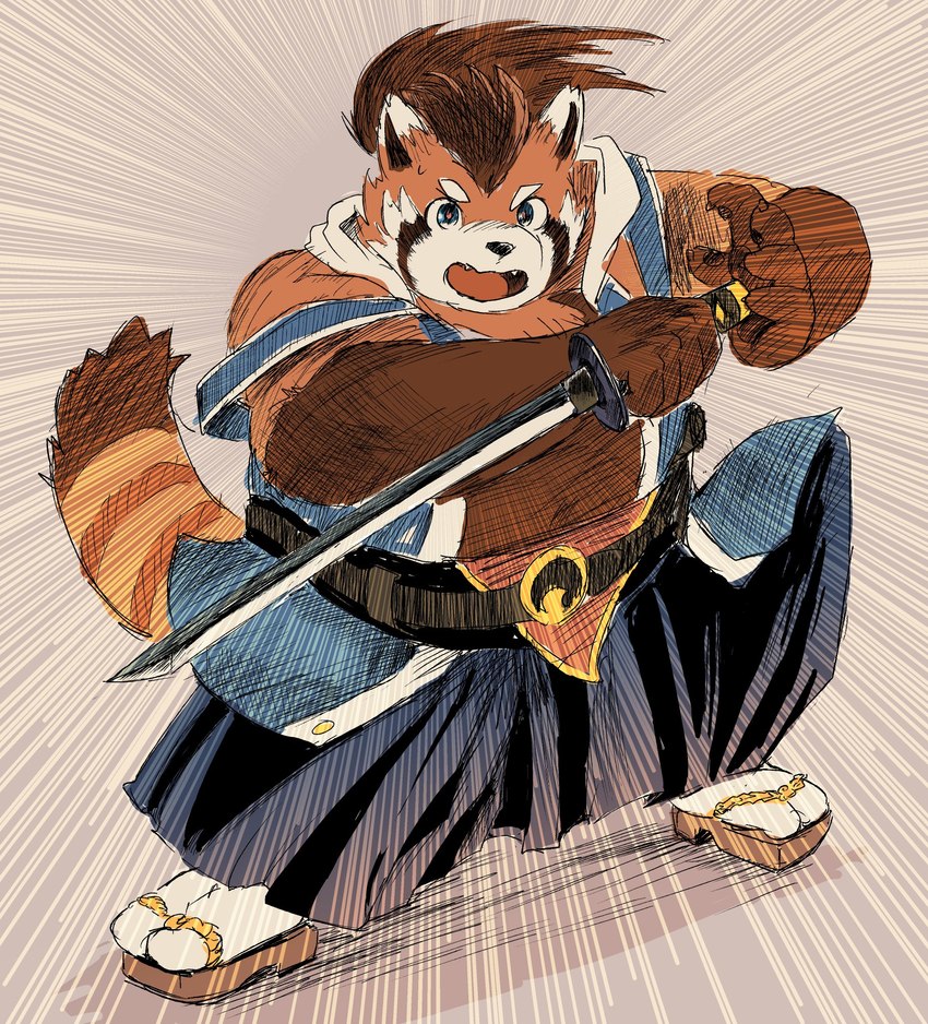 anthro brown_body clothed clothing footwear kemono male orange_body overweight overweight_male sandals shoes socks_with_sandals solo weapon aotadobukitch tamacolle suruga_(tamacolle) ailurid mammal red_panda 2024 hi_res