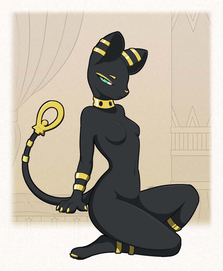 anthro anthrofied black_body black_fur breasts egyptian featureless_breasts female fur gold_(metal) gold_jewelry jewelry nude pose sitting small_breasts solo tail creature71 palworld pocketpair domestic_cat felid feline felis mammal mau_(pal) pal_(species) hi_res pinup