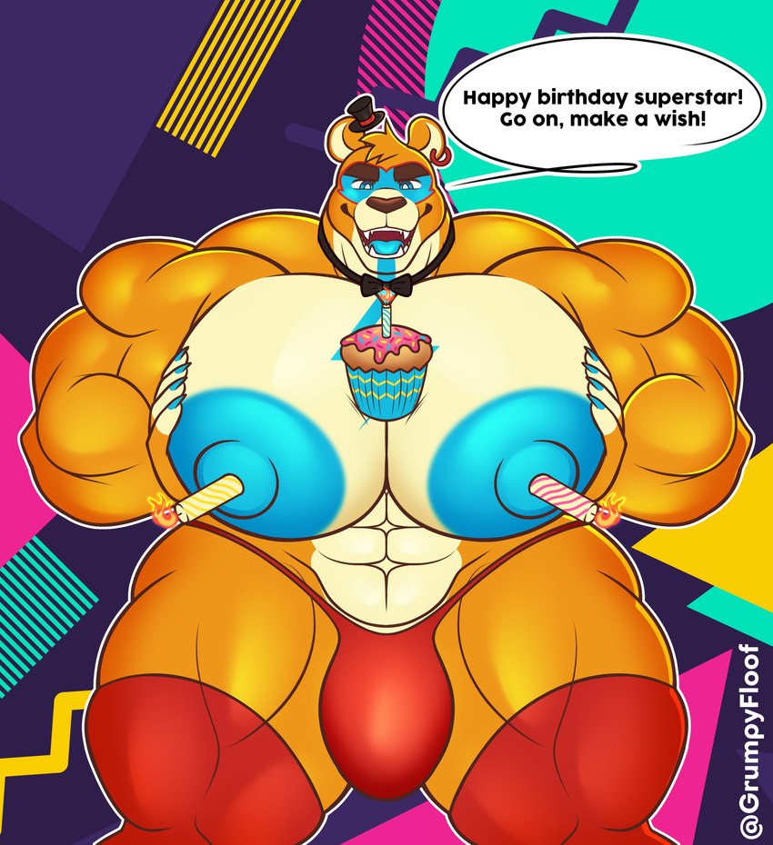 1980s_theme abs abstract_background anthro areola barazoku biceps big_areola big_bulge big_muscles big_nipples big_pecs birthday bow_tie bulge candle claws clothed clothing cupcake deltoids ear_piercing ear_ring eyebrows food front_view fur hand_on_chest hand_on_pecs happy_birthday hat headgear headwear huge_areola huge_arms huge_bulge huge_muscles huge_nipples huge_pecs huge_thighs hyper hyper_muscles legwear looking_at_viewer male markings muscular muscular_anthro muscular_male nipple_fetish nipple_penetration nipple_play nipples open_mouth open_smile pec_grab pec_squeeze pecs penetration piercing quads ring_piercing smile standing talking_to_viewer teeth text thick_arms thick_thighs thigh_highs thong thong_only tongue top_hat topless topless_anthro topless_male tuft underwear underwear_only grumpyfloof five_nights_at_freddy's five_nights_at_freddy's:_security_breach scottgames steel_wool_studios glamrock_freddy bear mammal absurd_res english_text hi_res