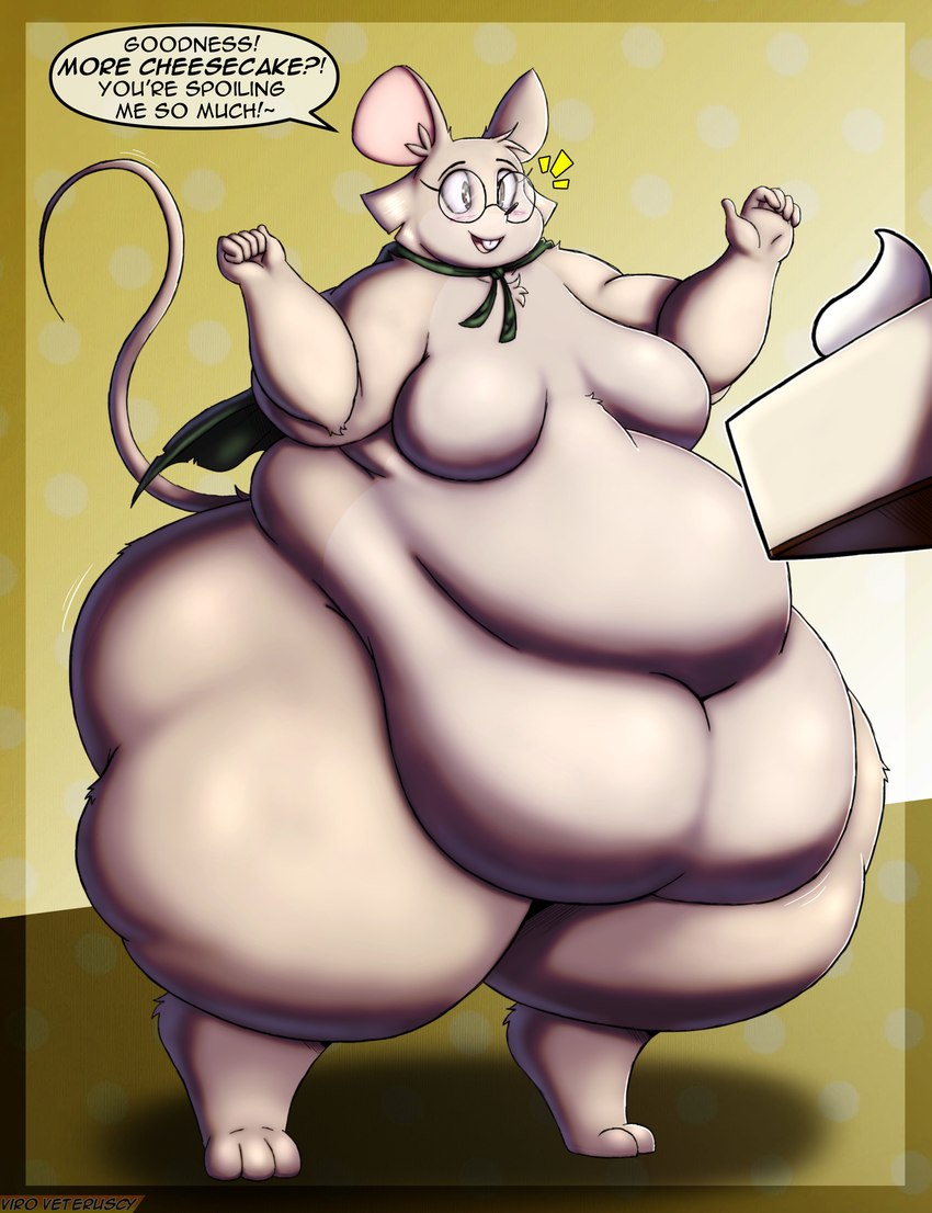 anthro belly big_belly breasts buckteeth cake cape cheese cheesecake clothing dairy_products deep_navel dessert eyewear featureless_breasts female food glasses navel obese obese_anthro obese_female open_mouth overweight overweight_anthro overweight_female solo teeth text thick_thighs whipped_cream viroveteruscy louise_thrushwood mammal mouse murid murine rodent 2023 absurd_res digital_media_(artwork) english_text hi_res