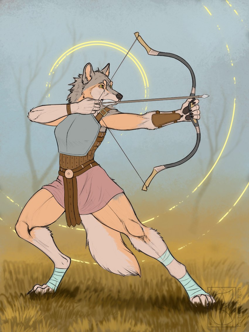 5_fingers ankle_wraps anthro armor arrow_(weapon) arrowhead belt bottomwear bow_(weapon) breastplate clothing drawing_bowstring dry_grass ears_up feet female fingers grass hindpaw outside paws plant ranged_weapon skirt solo spread_legs spreading tree weapon wrist_guards yellow_eyes solokhoniir canid canine canis mammal wolf 3:4 hi_res