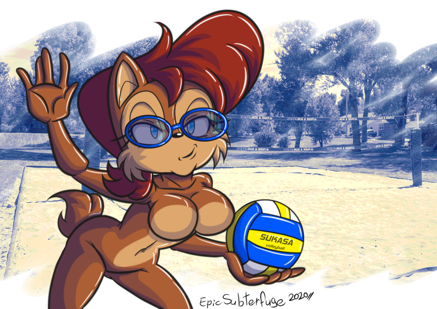 anthro ball beach blue_eyes breasts brown_body brown_fur brown_hair countershade_face countershade_torso countershading eyewear eyewear_only female fur glasses glasses_only hair holding_object net nude nude_beach nudist outside red_hair seaside smile smirk solo sport volleyball volleyball_(ball) volleyball_court volleyball_net wearing_glasses epicsubterfuge archie_comics sega sonic_the_hedgehog_(archie) sonic_the_hedgehog_(comics) sonic_the_hedgehog_(series) sally_acorn chipmunk ground_squirrel mammal rodent sciurid 2020