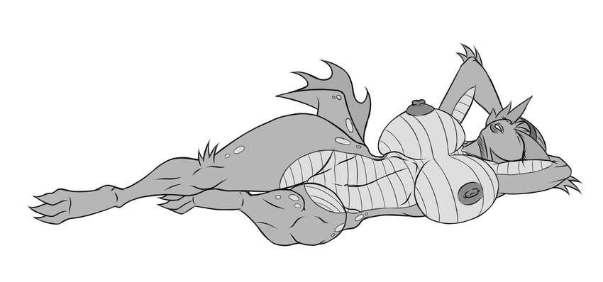 areola athletic big_breasts breasts exposure_variation female front_view hands_behind_head lying nipples nude on_back relaxing solo striped_body stripes tail dragonoscuro203 scalie_schoolie liska_(scalie_schoolie) humanoid scalie hi_res monochrome