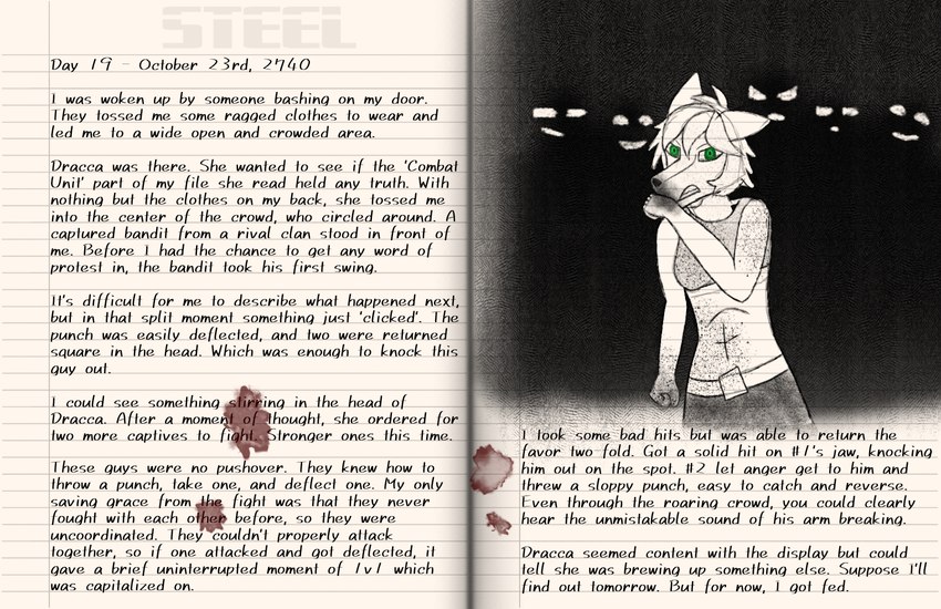 angry anthro blood bodily_fluids book diary dim_lighting female fight fighting_ring fur green_eyes group hair nosebleed paper silhouette surrounded text white_body white_fur white_hair from_the_archives c3-2740-32 canid canine canis mammal wolf dated english_text hi_res sketch spot_color