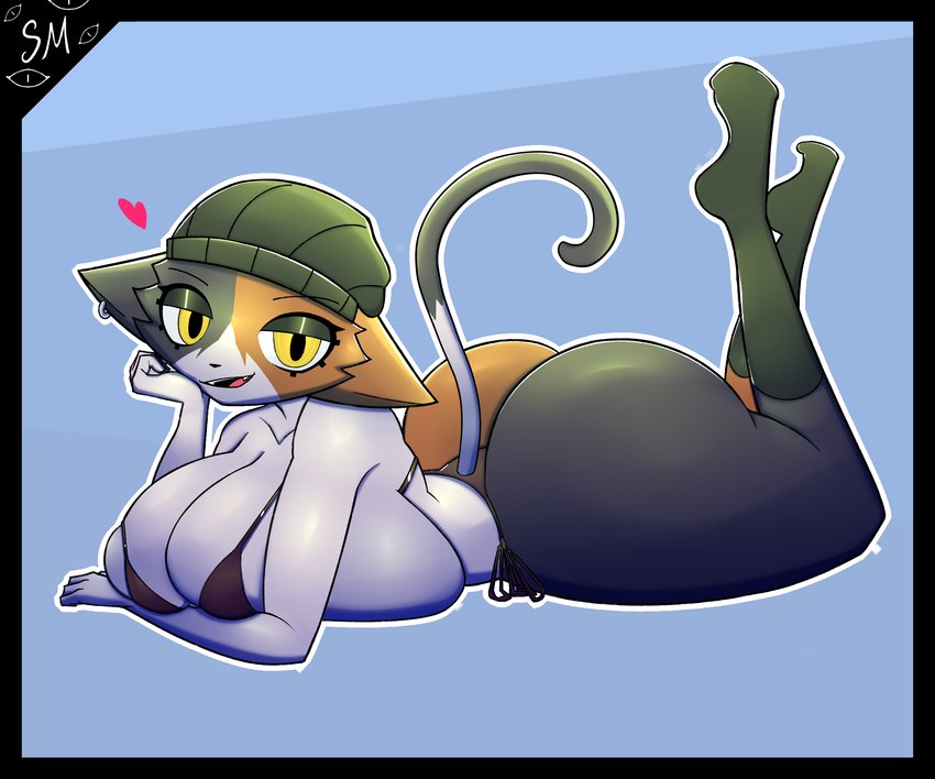 anthro beanie big_breasts big_butt bikini breasts butt clothing female footwear fur hat headgear headwear huge_breasts huge_butt looking_at_viewer lying on_front open_mouth piercing simple_background smile socks solo swimwear tail two-piece_swimsuit surfer_murfer epic_games fortnite meow_skulls calico_cat domestic_cat felid feline felis mammal 6:5 digital_media_(artwork) hi_res