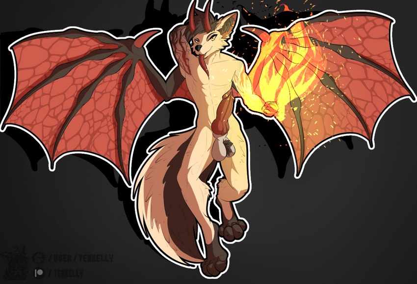 animal_genitalia animal_penis anthro balls big_balls big_penis burn fire genitals horn huge_penis male muscular penis smile smirk solo tongue wings tenkellyart canid canine canis mammal succubus wolf