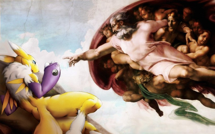 jehovah (the creation of adam and etc) created by darkdoomer, karabiner, michelangelo di lodovico buonarroti simoni, and third-party edit