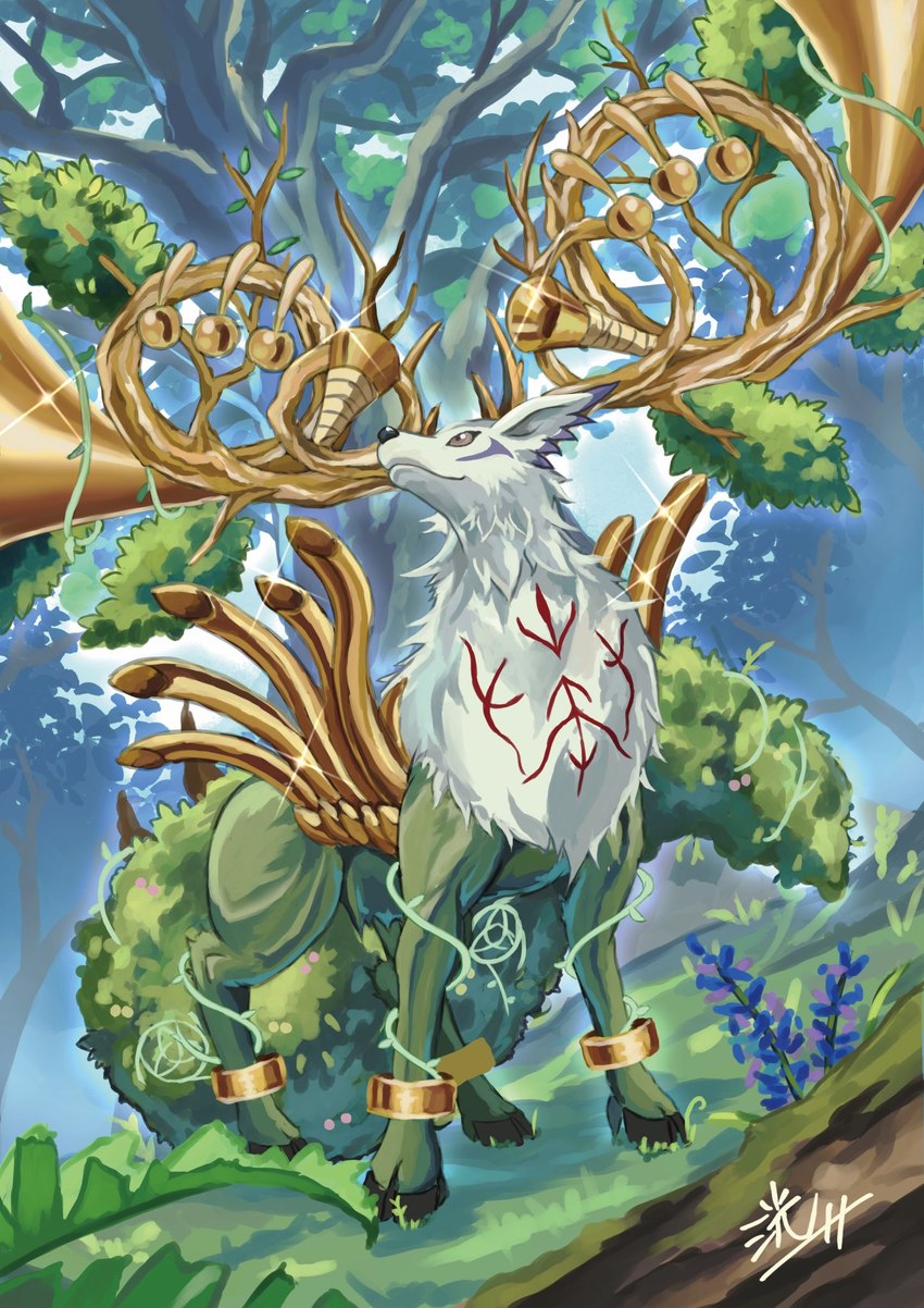 anklet anthro brass_instrument brown_eyes detailed_background feral hooves horn jewelry male musical_instrument plant quadruped solo trumpet wind_instrument kou_glass_seed bandai_namco digimon cernumon digimon_(species) elemental_creature flora_fauna hi_res