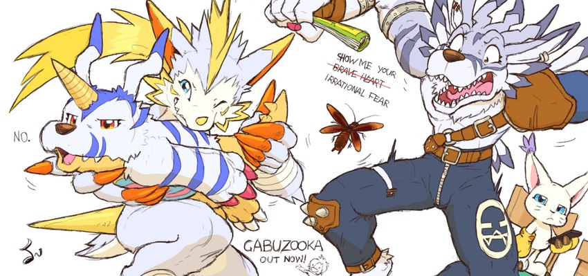 animal_skin anthro female flying group horn humor male newspaper ranged_weapon rocket_launcher scared text weapon dahecksajerry bandai_namco digimon arthropod blattodea cockroach digimon_(species) filmon gabumon gatomon insect weregarurumon english_text hi_res