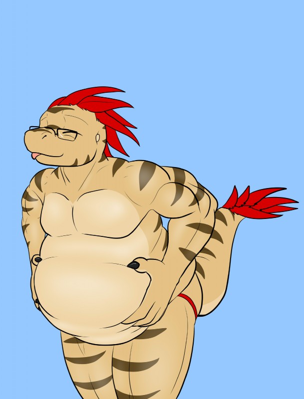 anthro clothing eyewear glasses jockstrap male musclegut muscular muscular_anthro muscular_male overweight overweight_anthro overweight_male solo tail tongue underwear nx-42 immelmann_(character) dinosaur dromaeosaurid prehistoric_species reptile scalie theropod velociraptor absurd_res hi_res