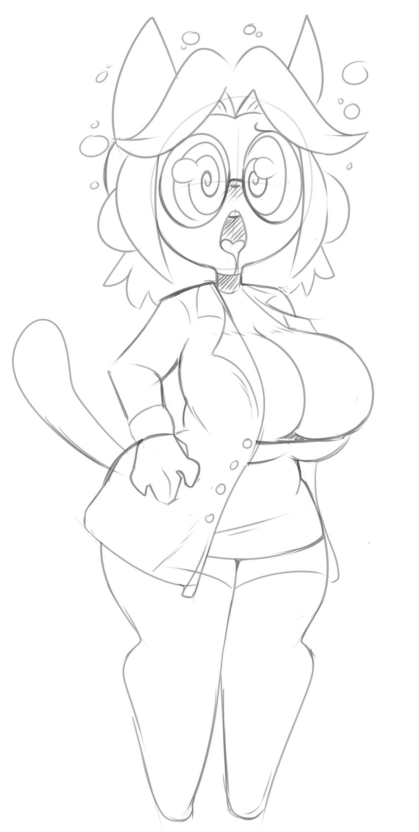 anthro big_breasts bodily_fluids breasts choker cleavage cleavage_overflow clothed clothing coat drooling female hair jewelry lab_coat mind_control necklace open_mouth saliva simple_background solo spiral_eyes standing teeth thick_thighs tongue topwear white_background wide_hips dongitos undertale undertale_(series) temmie_(undertale) canid canine felid feline mammal tem black_and_white digital_media_(artwork) hi_res monochrome