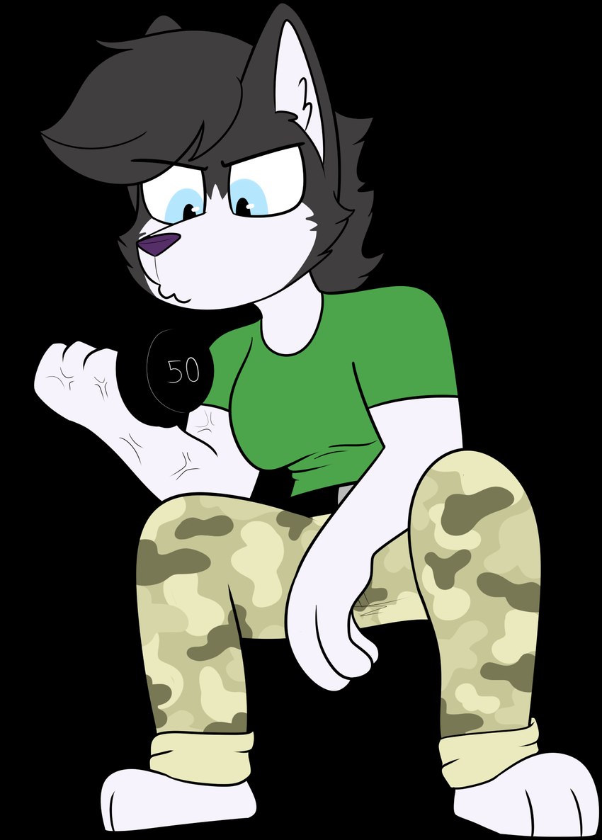 3_toes 4_fingers anthro athletic athletic_anthro athletic_female barefoot belt bicep_curl biped black_belt black_body black_ears black_eyebrows black_fur black_hair black_tuft blue_eyes bottomwear breasts camo camo_bottomwear camo_clothing camo_pants camo_print clothed clothed_anthro clothed_female clothing countershade_face countershading dumbbell eyebrow_through_hair eyebrows feet female female_anthro fingers front_view fur glistening glistening_eyes green_bottomwear green_clothing green_pants green_shirt green_topwear hair holding_dumbbell looking_down number pants pattern_bottomwear pattern_clothing pattern_pants pupils purple_nose shirt simple_background sitting solo text toes topwear translucent translucent_hair transparent_background tuft vein weights white_body white_countershading white_fur white_inner_ear white_text chokovit_(artist) desilu_brawl canid canine canis domestic_dog husky mammal nordic_sled_dog spitz 2017 alpha_channel colored digital_drawing_(artwork) digital_media_(artwork) full-length_portrait hi_res portrait