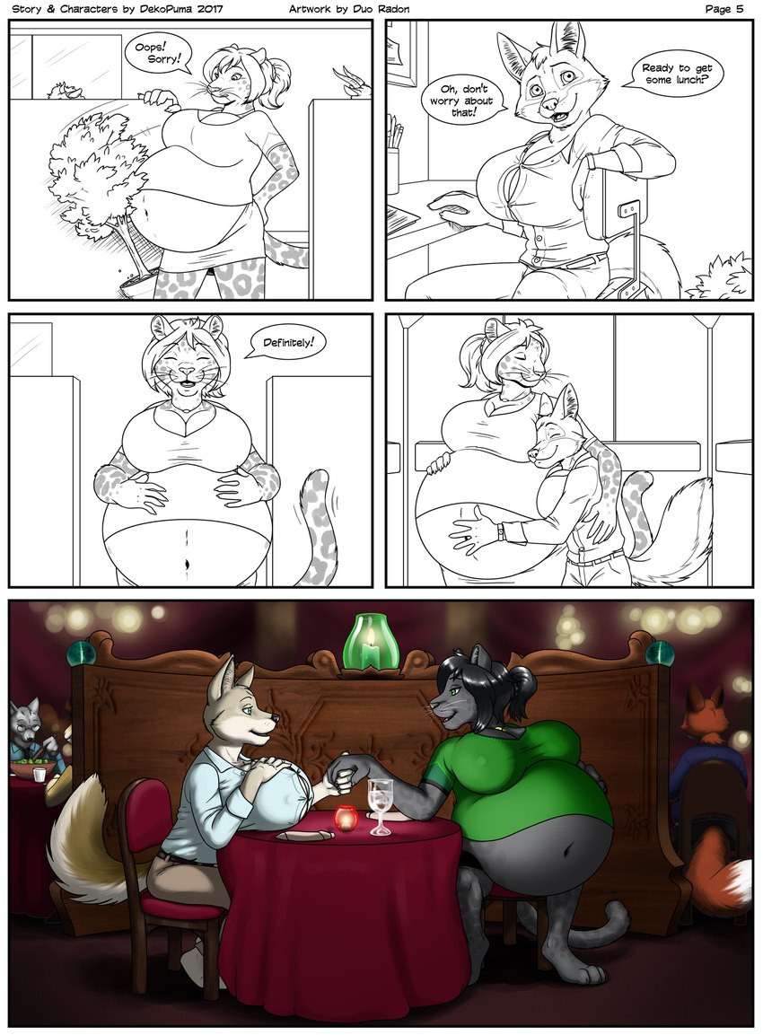 anthro big_breasts breasts clothed clothing date duo female hand_holding hand_on_belly happy hug huge_breasts hyper hyper_pregnancy pregnant pregnant_anthro pregnant_female restaurant romantic romantic_couple smile tail text duo_radon squeakie dekopuma canid canine canis coyote felid fox leopard mammal pantherine comic english_text hi_res