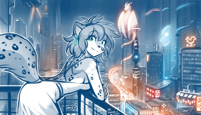 5_fingers anthro backless_dress balcony breasts city city_background claws clothed clothed_anthro clothed_female clothing countershade_torso countershading crossed_arms detailed_background dress ear_piercing female fingers fur green_eyes hair hologram leaning leaning_forward looking_at_viewer looking_back looking_back_at_viewer markings night outside piercing rear_view sign smile solo spots spotted_body spotted_fur spotted_markings spotted_tail standing tail tail_markings text conditional_dnp tom_fischbach twokinds kathrin_vaughan lady_nora_(twokinds) canid canine felid hybrid keidran mammal pantherine 2024 7:4 adobe_photoshop_(artwork) digital_media_(artwork) english_text hi_res monochrome sketch spot_color