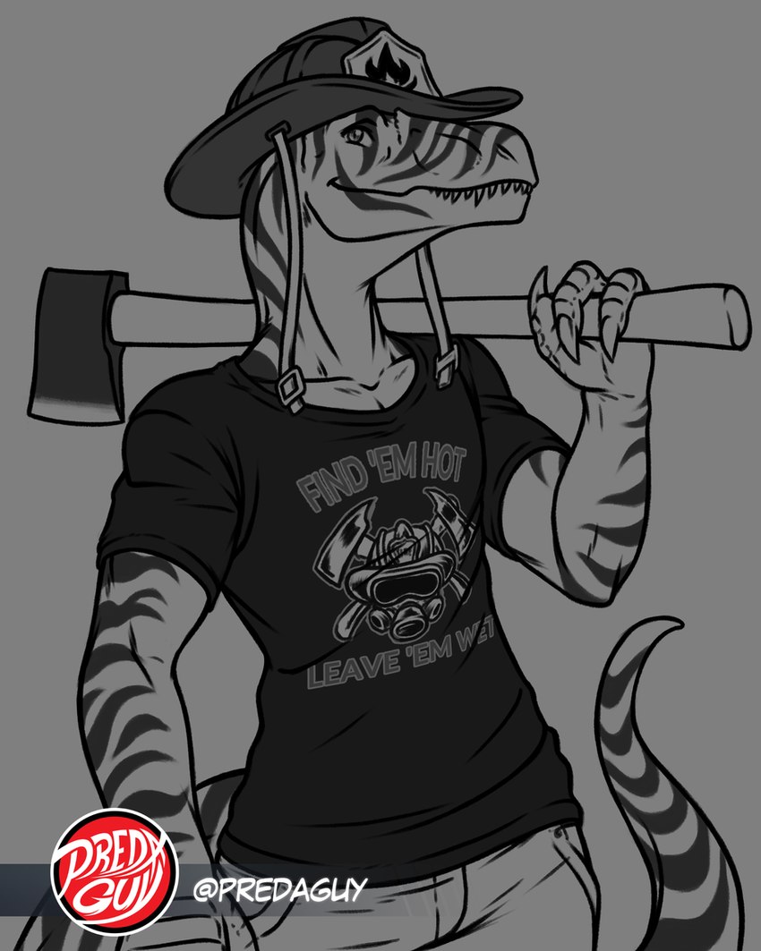 anthro armor clothing fangs fire_axe firefighter firefighter_helmet headgear helmet helmet_straps holding_object looking_away male markings muscular muscular_anthro muscular_male scu_gang shirt smile solo striped_body striped_markings striped_tail stripes t-shirt t-shirt_design tail tail_markings teeth topwear predaguy anthrosaurs allosaurid allosaurus dinosaur prehistoric_species reptile scalie theropod