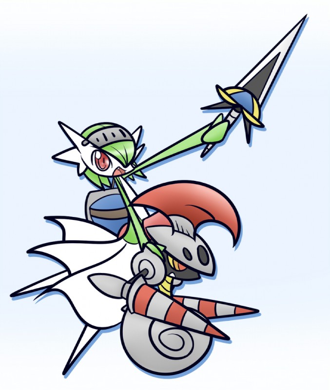 ambiguous_gender anthro duo green_hair hair knight melee_weapon open_mouth red_eyes shield simple_background sword teeth tongue warrior weapon concave_(artist) nintendo pokemon arthropod escavalier gardevoir generation_3_pokemon generation_5_pokemon insect mammal pokemon_(species)