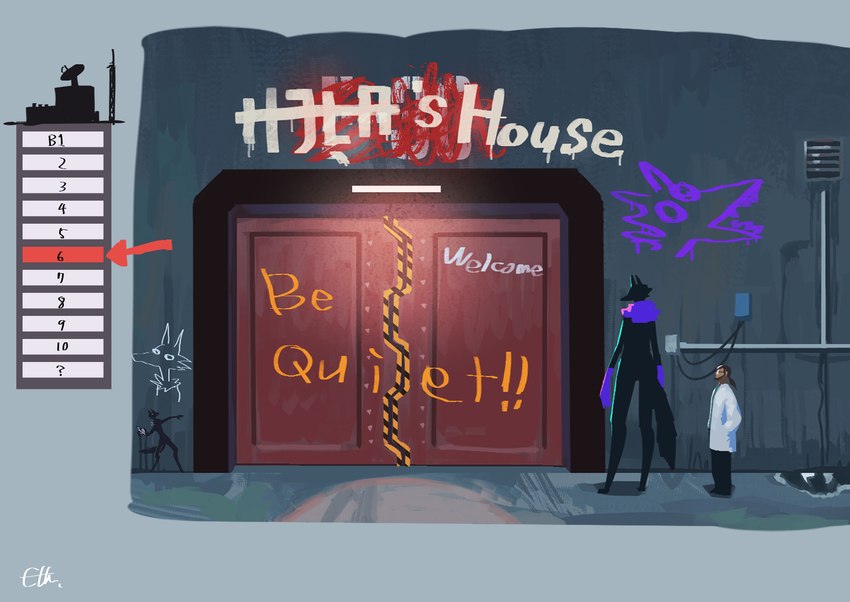 anthro basement black_body black_fur clothed clothing door duo female fur graffiti male neck_tuft nude purple_body purple_fur size_difference tail text tuft el-k fen_(el-k) alien human mammal absurd_res english_text hi_res