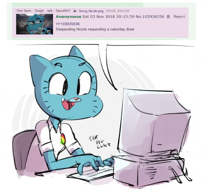 4_fingers anthro blue_body blue_fur clothed clothing computer decorative_pin electronics fangs female fingers fur grin humor keyboard mature_anthro mature_female meta simple_background smile solo teeth text whiskers white_background dbaru 4chan cartoon_network the_amazing_world_of_gumball nicole_watterson domestic_cat felid feline felis mammal digital_media_(artwork) english_text