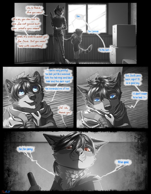 anthro biped black_border blue_eyes border brown_eyes dialogue text conditional_dnp ratte legacy_(ratte) connor_(ratte) sura_(ratte) african_wildcat crab-eating_raccoon faraden felid feline felis mammal new_faraden procyonid raccoon wildcat 2019 comic digital_media_(artwork) english_text hi_res