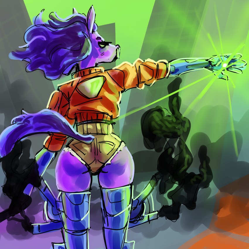 ambiguous_gender anthro bottomwear butt clothing colorful_background cybernetic_limb energy glowing hotpants jacket male mechanical_leg shorts solo topwear lostwisdom equid equine mammal 1:1 hi_res sketch