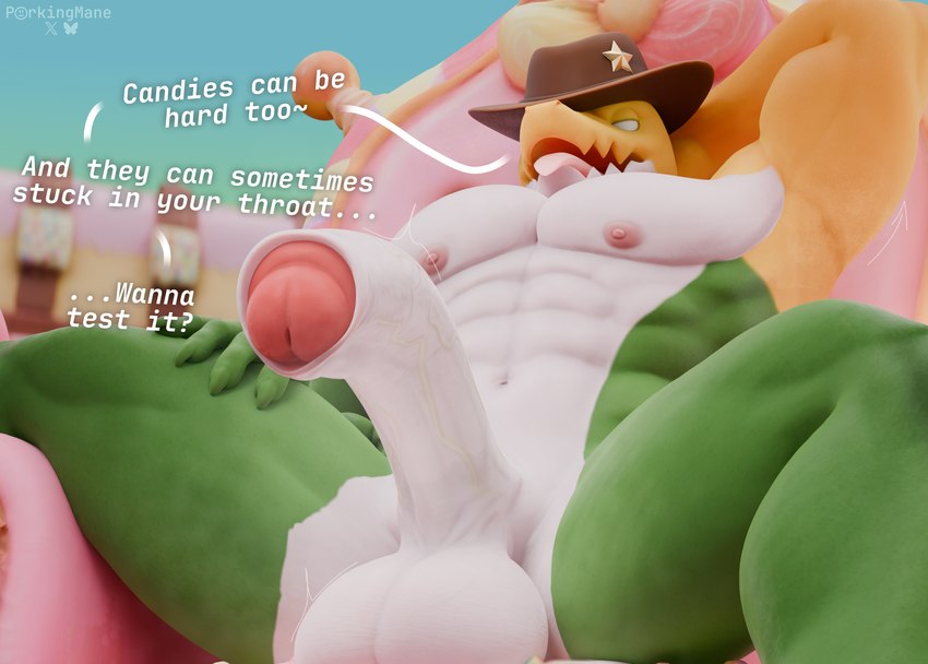 abs anthro awaiting balls biceps breath candy chair clothing dessert dialogue erection food foreskin furniture genitals gummy_(food) hand_behind_head hand_on_lap hand_on_leg hand_on_thigh hat hat_only headgear headgear_only headwear headwear_only humanoid_genitalia humanoid_penis inviting looking_at_viewer looking_down looking_down_at_viewer low-angle_view male mostly_nude motion_lines muscular muscular_anthro muscular_male musk musk_clouds musky_armpit musky_balls musky_penis nipples nude nude_male on_chair panting pecs penis presenting presenting_penis raised_leg simple_background sitting sitting_on_chair sitting_on_throne solo spread_legs spreading talking_to_viewer text throne tongue tongue_out worm's-eye_view porkingmane valorlynz_(modeler) glitch_productions the_amazing_digital_circus gummigoo_(tadc) alligator alligatorid crocodilian food_creature gummy_creature living_candy reptile scalie 2025 3d_(artwork) digital_media_(artwork) hi_res watermark