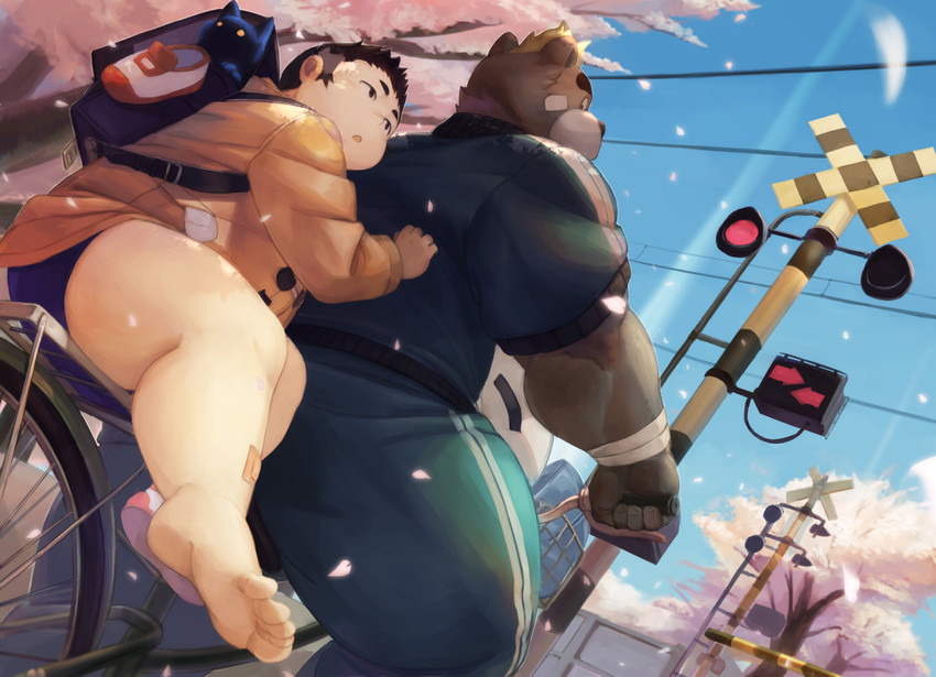 anthro backpack belly bicycle bottomwear brown_body brown_fur butt clothing detailed_background duo fur humanoid_hands kemono male outside overweight overweight_male pants shirt shorts topwear vehicle young nion lifewonders tokyo_afterschool_summoners ashigara_(tas) kenta_(tas) bear human mammal 2020