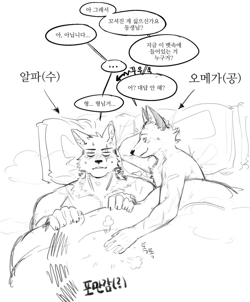 5_fingers anthro blush claws clothed clothing duo facial_scar fingers happy looking_at_another looking_at_partner lying male nervous on_back on_side pillow scar text topless topless_male under_covers suinduckhu canid canine fox mammal 2024 hi_res korean_text monochrome translation_request