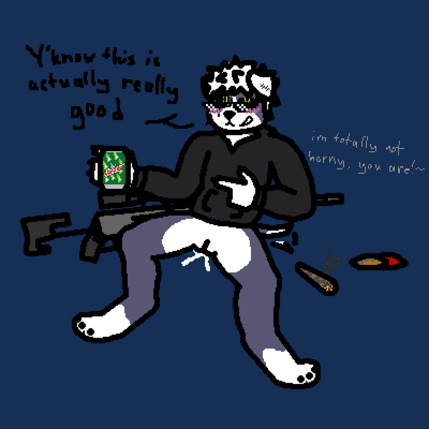 andromorph anthro aroused beverage beverage_can black_clothing black_hoodie black_topwear blush bodily_fluids chips_(food) clothing drugs eyeless eyewear flirting food fur genital_fluids genitals glowing glowing_eyes grey_body grey_fur gun hoodie intersex male marijuana ranged_weapon rifle scar soda solo sunglasses surgical_suture tail tail_motion tailwag text topwear vaginal_fluids vulva weapon white_body white_fur yellow_eyes oddlypolygonalpittie doritos frito-lay mountain_dew alkezite_(oddlypolygonalpittie) canid canine canis domestic_dog mammal pit_bull 1:1 alpha_channel hi_res